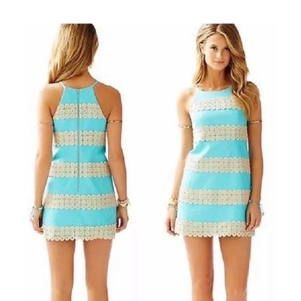 Lilly Pulitzer Anabelle Shorely Blue Gold Soutache Lace Trim Shift Dress 10